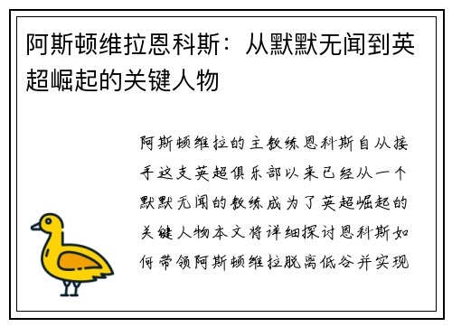 阿斯顿维拉恩科斯:从默默无闻到英超崛起的关键人物